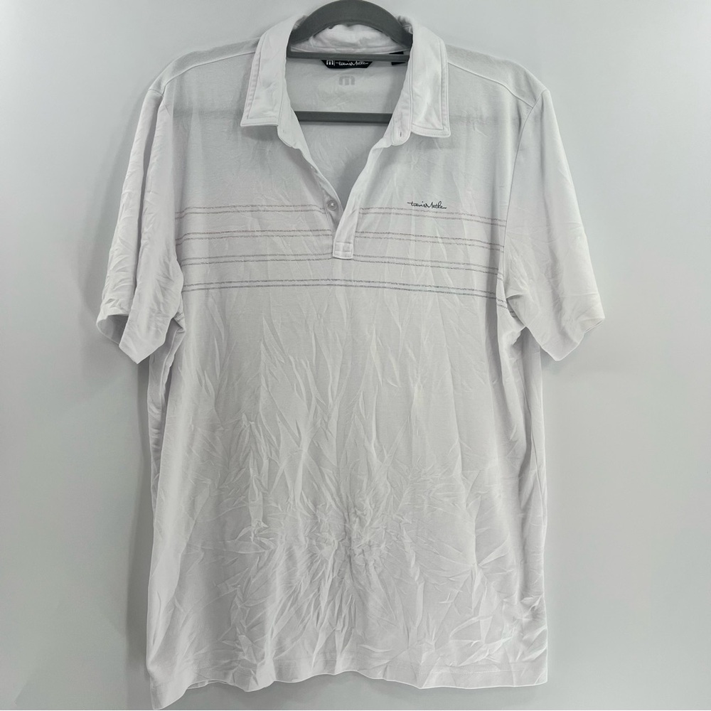 TravisMathew Madero Golf Polo Mens XL White Stripe Pima Cotton Lighthouse Logo